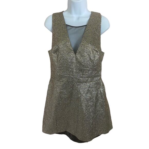 SB by Sachin & Babi Metallic Fit & Flare Mesh V-Neck Mini Party Dress Sz 10 Gold - Picture 5 of 11
